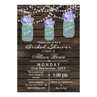 Barnwood blue mason jar rustic bridal shower 5x7 paper invitation card