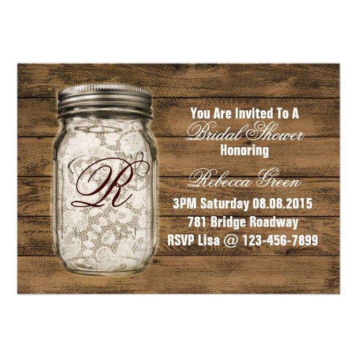 barnwood lace country  mason jar bridal shower custom invitations