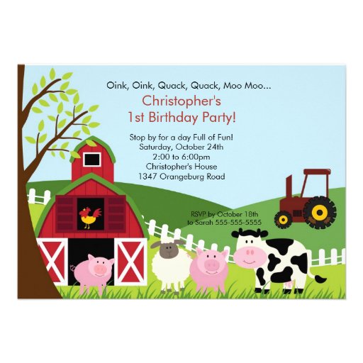 Barnyard Animal Fun Birthday Party Personalized Invites (front side)