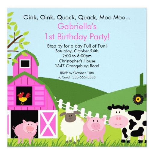 Barnyard Animal Fun Birthday Party Pink Girls Invitations (front side)