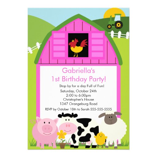 Barnyard Animal Fun Birthday Party Pink Girls Personalized Invitations