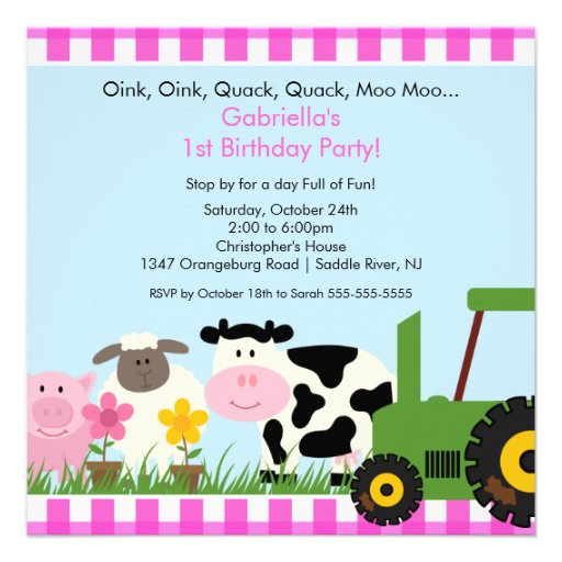 Barnyard Animal Fun Birthday Party Pink Girls Personalized Invites