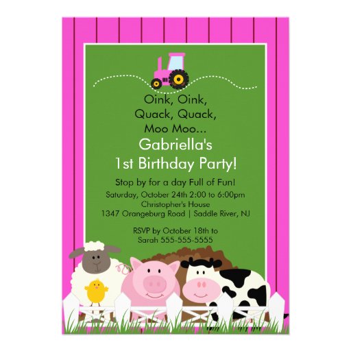 Barnyard Animal Fun Birthday Party Pink Girls Personalized Announcement