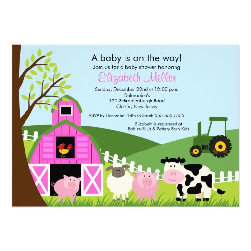 Barnyard Animals Baby Shower Invitation Pink Girl from Zazzle.com