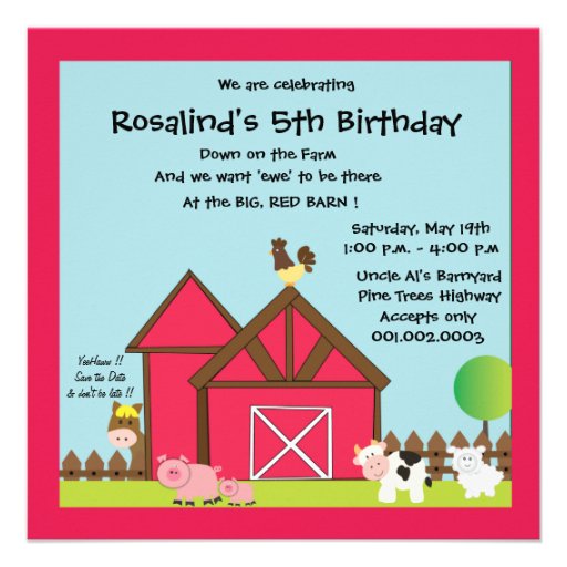 Barnyard Birthday party invites -red