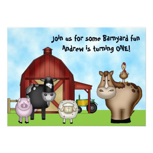 Barnyard Farm Animal 1st Birthday Invitations