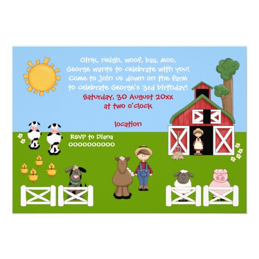 Barnyard farm animal kids birthday invitation