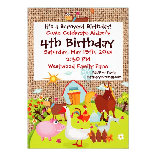 Barnyard Farm Animals Burlap Birthday Invitation (front side)