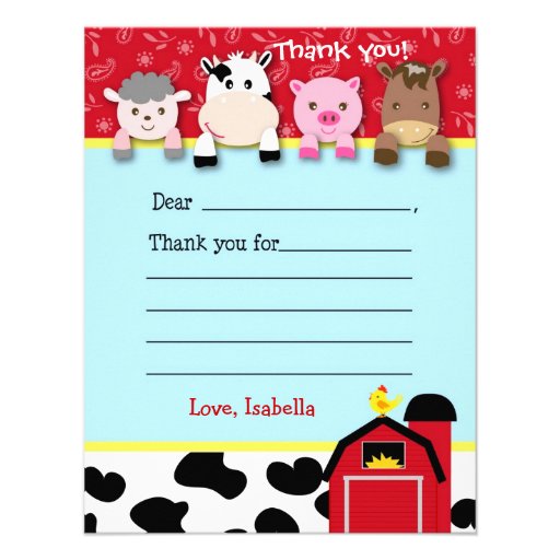 Barnyard Fill in the blank thank you note cards Custom Invite