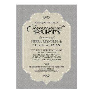Baroque Damask Alloy Grey Engagement Party Custom Invitations