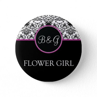 This beautiful FLOWER GIRL button features a black & white baroque floral 