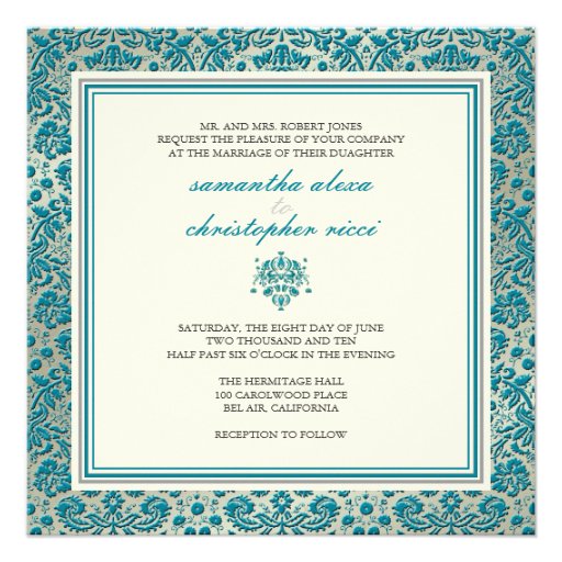 Baroque faux foil lace/teal Invitations