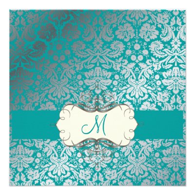Baroque faux foil lace/teal Invitations