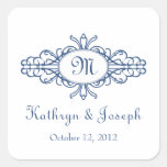 Baroque frame mongram navy blue wedding favor tag square sticker