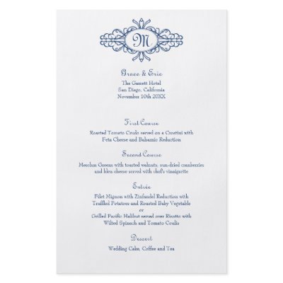 Baroque frame monogram navy blue wedding menu card flyer by FidesDesign