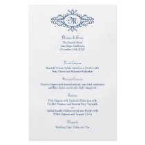 Baroque frame monogram navy blue wedding menu card flyer