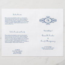 Baroque frame monogram navy blue wedding program full color flyer