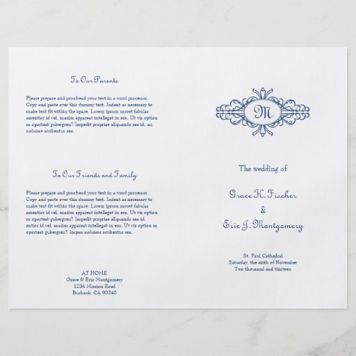 Baroque frame monogram navy blue wedding program full color flyer