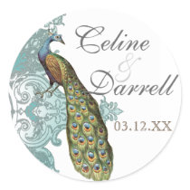 Baroque Peacock Wedding Sticker or Seal - Blue