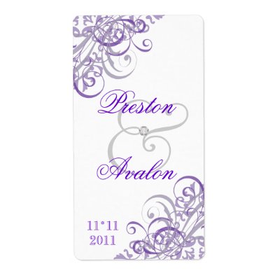 Baroque Purple Scroll White Wedding Wine Label