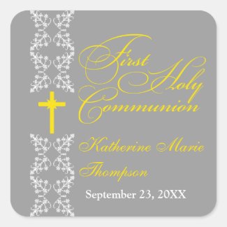 Baroque Strip Gray First Holy Communion Square Stickers
