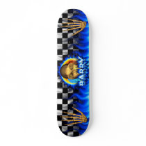Barry skull blue fire and flames skateboard design
