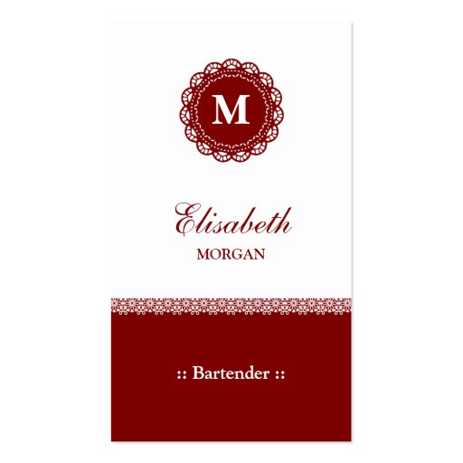 Bartender Elegant Red Lace Monogram Business Card Template (front side)
