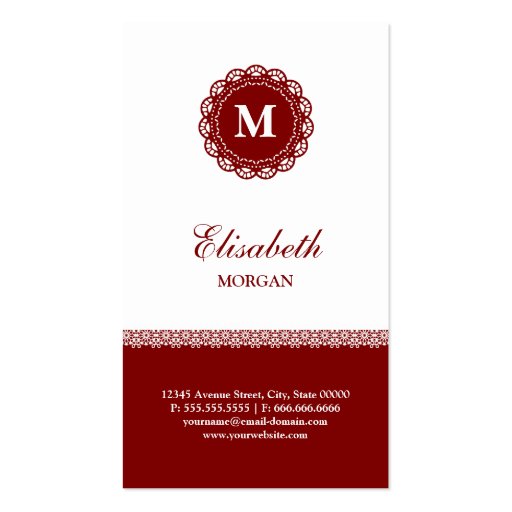 Bartender Elegant Red Lace Monogram Business Card Template (back side)