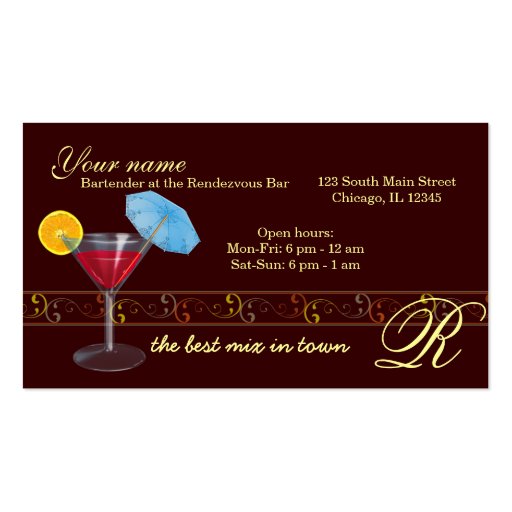 Bartender/Owner Bar Business Card (front side)