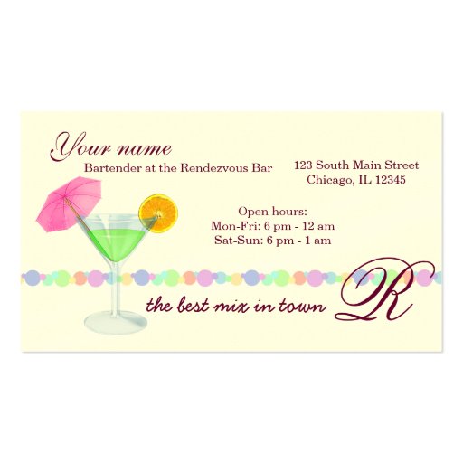 Bartender/Owner Bar Business Card Template (front side)