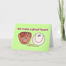 Baseball and Baseball Glove Team Card - Fun baseball themed design featuring a smiling baseball and smiling baseball glove characters make a great team.