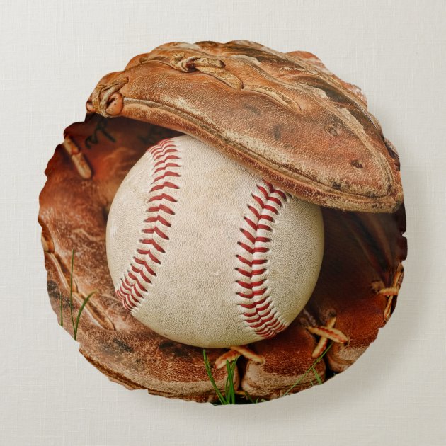 Baseball and Old Mitt in the Summer Grass Round Pillow
