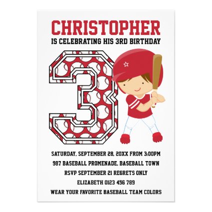 Baseball Batter Red White 3rd Birthday Party Custom Announcement
