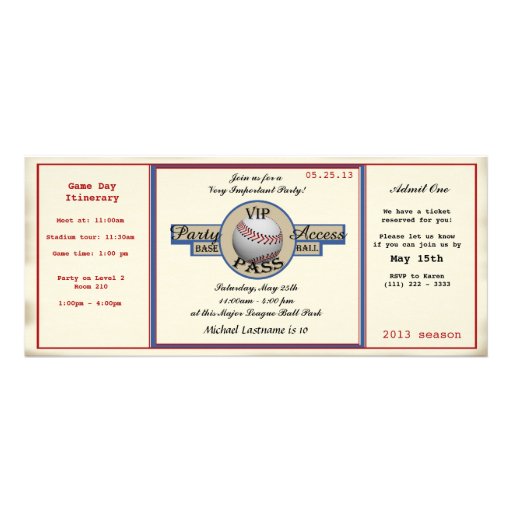 Baseball Birthday Field Pass Party Access Custom Invitation (front side)