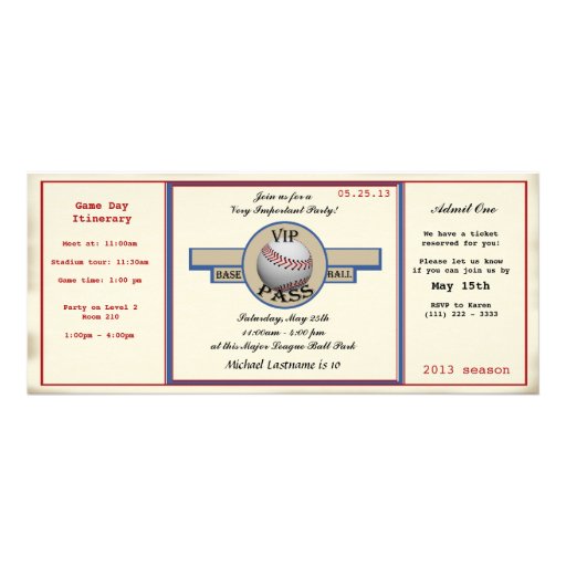 Baseball Birthday Party Pass Personalized Invites (front side)