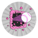 baseball breaking through brick wal pink girls sticker