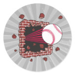 baseball breaking through brick wall round sticker