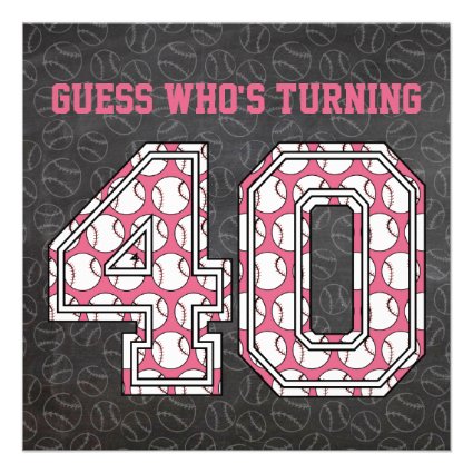 Baseball Chalkboard Pink 40th Birthday Party Custom Invitation