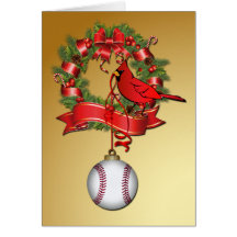 Baseball Christmas Wreath with Red Bird Greeting Card