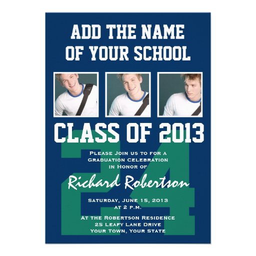 Baseball Dark Blue and Kelly Green Uniform Number Personalized Invitations (front side)
