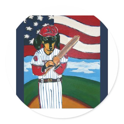 Baseball doxie round sticker by Art_by_Joanne