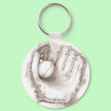 Baseball & Glove Keychain - Drawing of a baseball resting in a baseball glove.