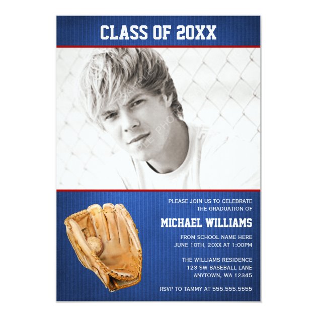 Baseball Graduation Blue Red Photo 5x7 Paper Invitation Card (front side)