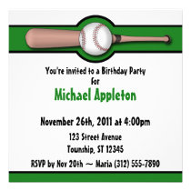 Baseball Green Birthday Invitations