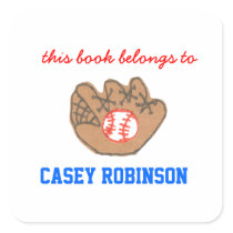 Baseball personalized bookplates for kids square sticker