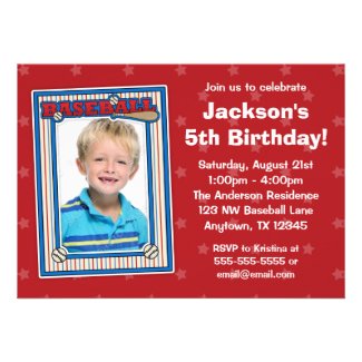 Baseball Photo Birthday Party Red Stars Invitation