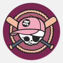 Baseball Pirate -Girls Round Sticker