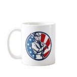 Baseball player holding bat american flag woodcut mugs