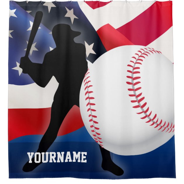 Baseball Player Silhouette with American US Flag Shower Curtain