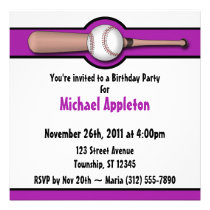 Baseball Purple Birthday Invitations